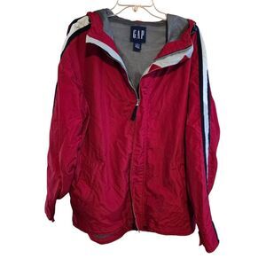 Vintage Gap Red Hooded Nylon Jacket With Striped Sleeves Full Zip Closure